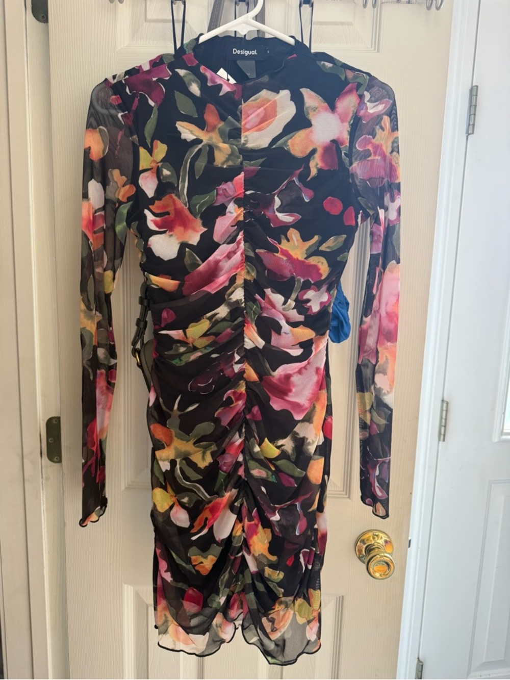 New Desigual Black Sheer Floral-Print Dress with Pink and Yellow Accents spain